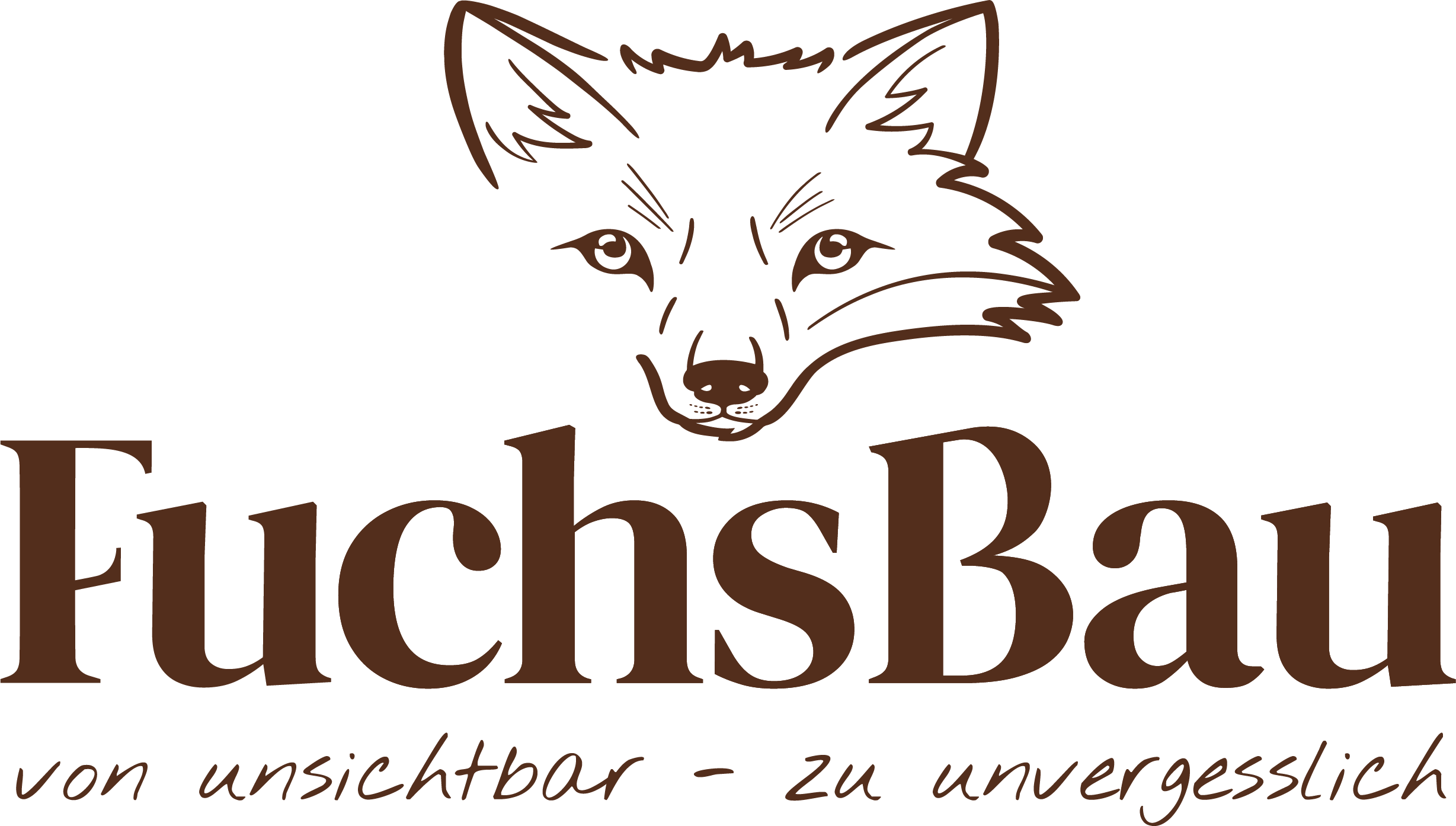 Das Bild zeigt ein Logo mit dem Schriftzug "FuchsBau" in brauner Schrift. Darüber ist das Gesicht eines Fuchses skizzenhaft dargestellt. Unter dem Haupttitel steht der Zusatztitel "von unsichtbar - zu unvergesslich".